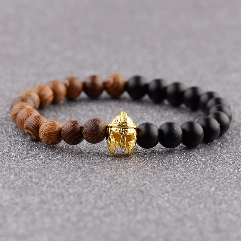 DOUVEI Vintage Gold Roman Knight Spartan Warrior Gladiator Helmet Bracelet Men Meditation Black&Wood Pulseras ABJ037 | Украшения и