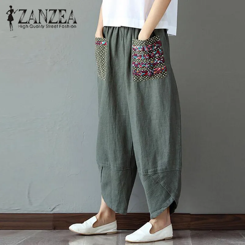 Женские брюки-шаровары ZANZEA летние свободные штаны с эластичной талией 2021 печать