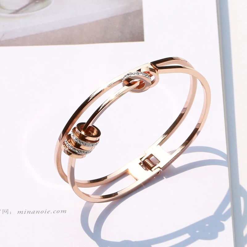 

YUN RUO 2018 New Arrivals Super Luxury Full Crystal Bangle Rose Gold Color Women Birthday Gift Titanium Steel Jewelry Never Fade