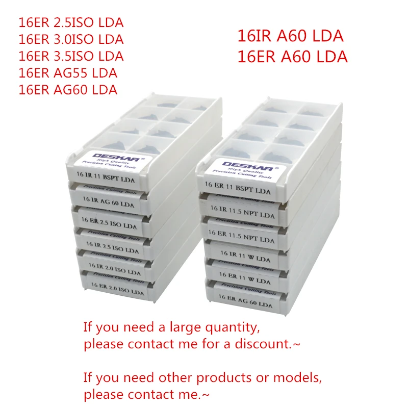 DESKAR 16ER 2.5ISO LDA/16ER 3.0ISO LDA/16ER 3.5ISO LDA/16ER AG55 LDA/16ER AG60 LDA Threaded Carbide insert 10PCS/BOX
DESKAR 16ER 2.5ISO LDA/16ER 3.0ISO LDA/16ER 3.5ISO LDA/16ER AG55 LDA/16ER AG60 LDA Threaded Carbide insert 10PCS/BOX