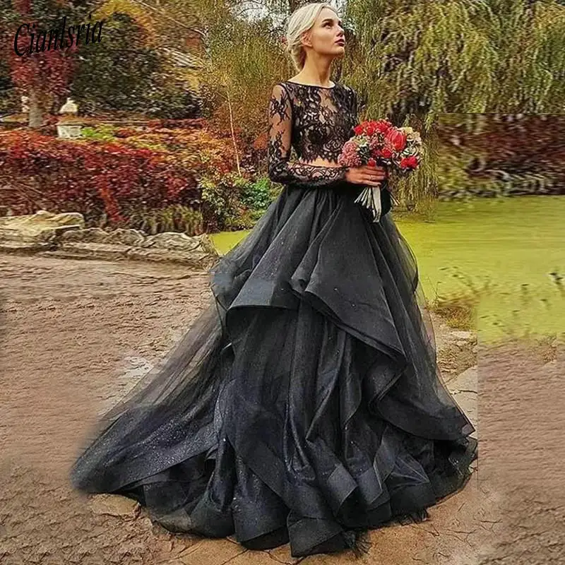 Black Gothic Wedding Dresses Long Sleeves Lace Slash Neck Ruffles Tulle Ball Gown Two Piece Bridal Dresses Wedding gowns
Black Gothic Wedding Dresses Long Sleeves Lace Slash Neck Ruffles Tulle Ball Gown Two Piece Bridal Dresses Wedding gowns