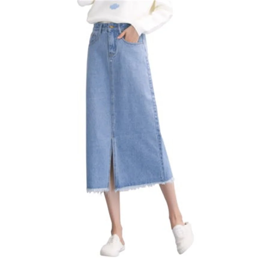 Autumn and winter women's high waist denim skirt new long section of raw edge A word skirt split denim skirt JQ378
Autumn and winter women's high waist denim skirt new long section of raw edge A word skirt split denim skirt JQ378