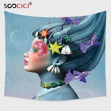 Cutom Tapestry Wall Hanging,Mermaid Woman with Underwater Themed Make Up Hairstyle Starfishes Seashells Fishes Bubbles