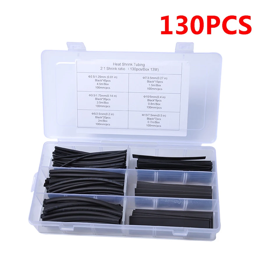 130pcs 4" 2:1 Heat Shrinkable Shrink Tube Wire Wrap Assortment Set 6 Sizes 2.5/3.5/5/7/10/13MM
130pcs 4" 2:1 Heat Shrinkable Shrink Tube Wire Wrap Assortment Set 6 Sizes 2.5/3.5/5/7/10/13MM