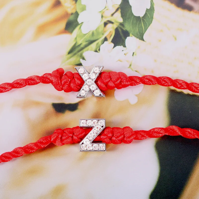 R Z буквы с кристаллами Амулеты Красной веревкой браслеты на удачу для женщин шнур