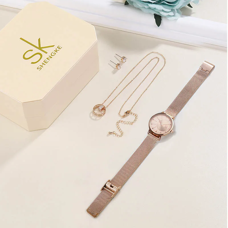 Shengke Women's Quartz Watch Set Women Rose Gold Earrings Necklace SK Ladies Watches Jewelry Set Luxury Gift Relogio Feminino
Shengke Women's Quartz Watch Set Women Rose Gold Earrings Necklace SK Ladies Watches Jewelry Set Luxury Gift Relogio Feminino