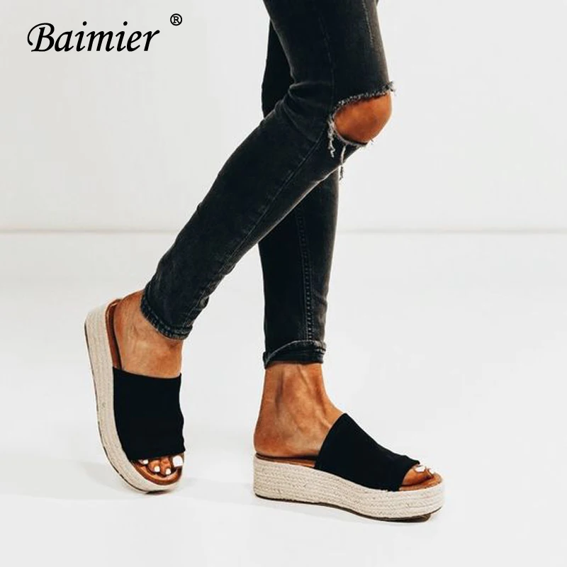 Baimier/Летние черные женские эспадрильи из искусственной кожи на танкетке