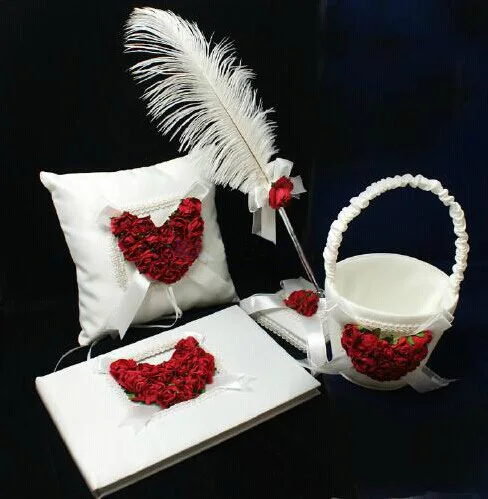 Free shipping,Set of 4pc Red and white Satin Rose Heart Wedding Guest Book Ring Pillow Flower Basket Feather Pen Holder Set
Free shipping,Set of 4pc Red and white Satin Rose Heart Wedding Guest Book Ring Pillow Flower Basket Feather Pen Holder Set
