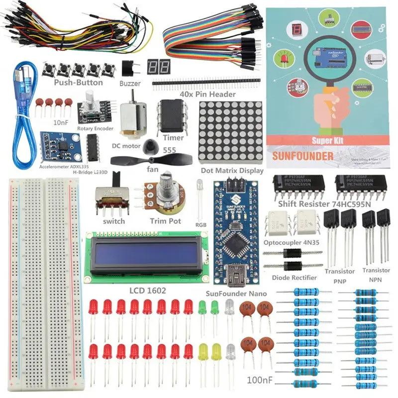 SunFounder 19 Projecst Super Starter Kit v2.0 with Mini USB Nano V4.0 ATmega328P 5V Micro-controller Board For Arduino
SunFounder 19 Projecst Super Starter Kit v2.0 with Mini USB Nano V4.0 ATmega328P 5V Micro-controller Board For Arduino