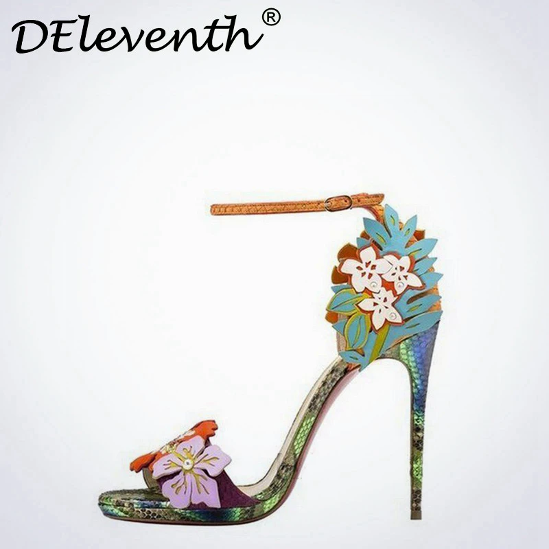 DEleventh Новинка лета 2019 милые туфли с цветочным узором и из змеиной кожи острым