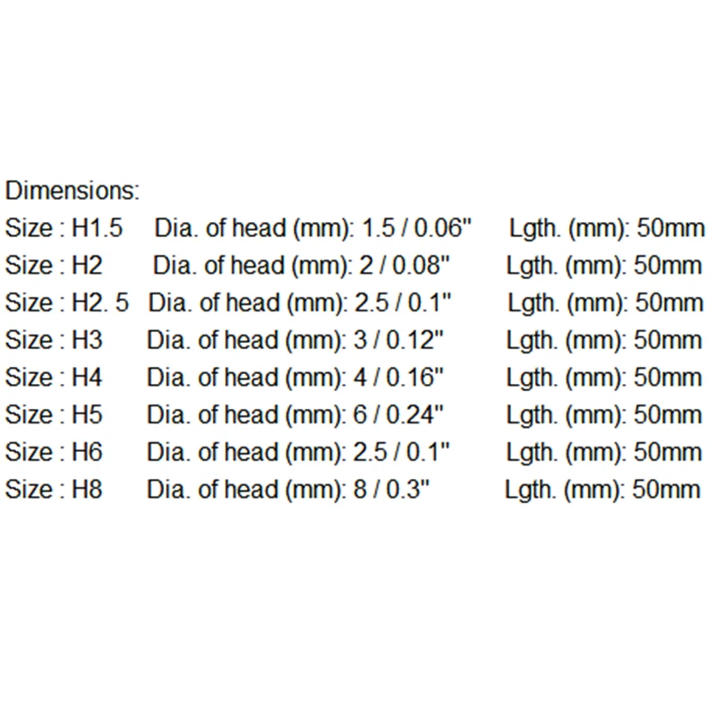 8pcs 50mm H1.5-H8 1/4'' Hex Shank Magnetic Head Screwdriver Bits Screw Drivers
8pcs 50mm H1.5-H8 1/4'' Hex Shank Magnetic Head Screwdriver Bits Screw Drivers
