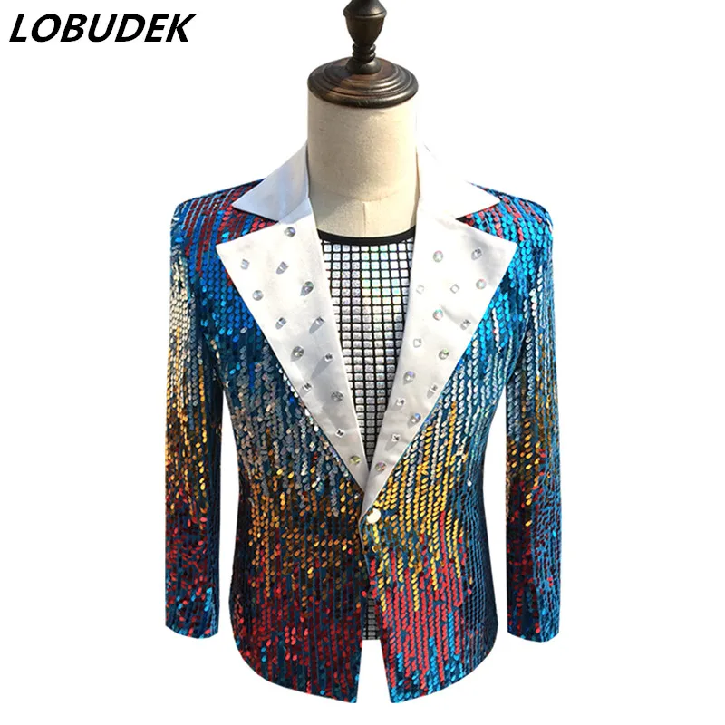 Men Punk Singer Host Costume Golden Blue Sequins Crystal Jacket Coat Nightclub Male Compere Stage Outfit Wedding MC Outerwear
Men Punk Singer Host Costume Golden Blue Sequins Crystal Jacket Coat Nightclub Male Compere Stage Outfit Wedding MC Outerwear