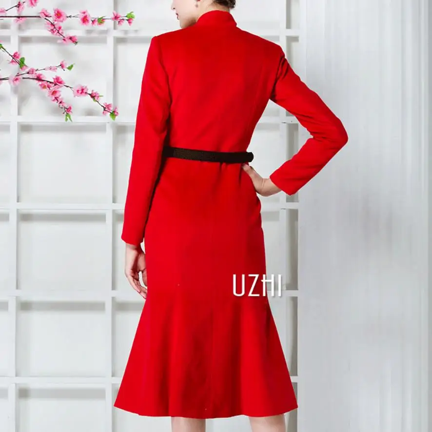 Autumn winter retro ladies red woolen coat women stand collar long mermaid slim wool blends coat
Autumn winter retro ladies red woolen coat women stand collar long mermaid slim wool blends coat