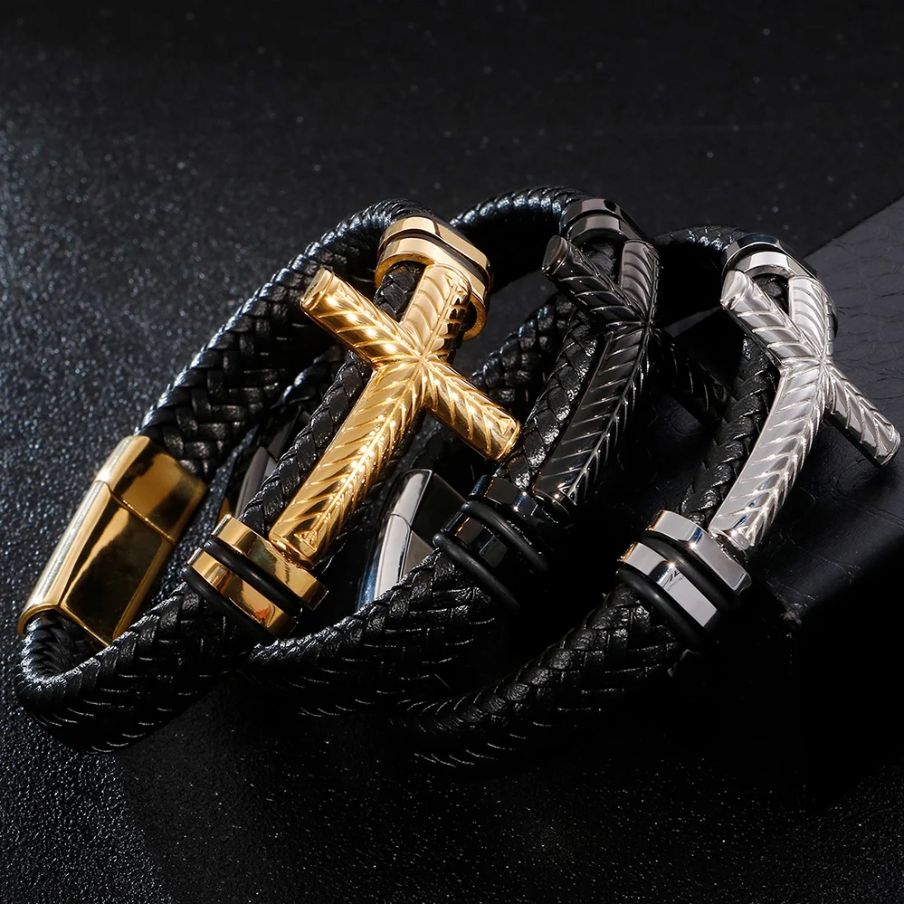 Плетеный кожаный браслет Christian Cross мужской модный золотого цвета из нержавеющей