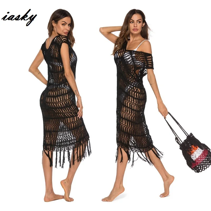 

IASKY 2019 New Crochet fish net Beach Cover up sexy knitted women hollow out Swimwear bikini Cover ups Swimsuit Beach Dresses