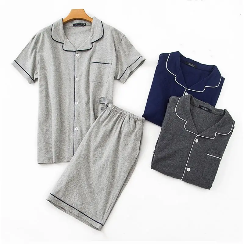 2019 Summer Men's Casual Pajama sets Men Turn-down Collar shirt & half pants Male 100% Cotton sleepwear suit Plus size XL | Мужская