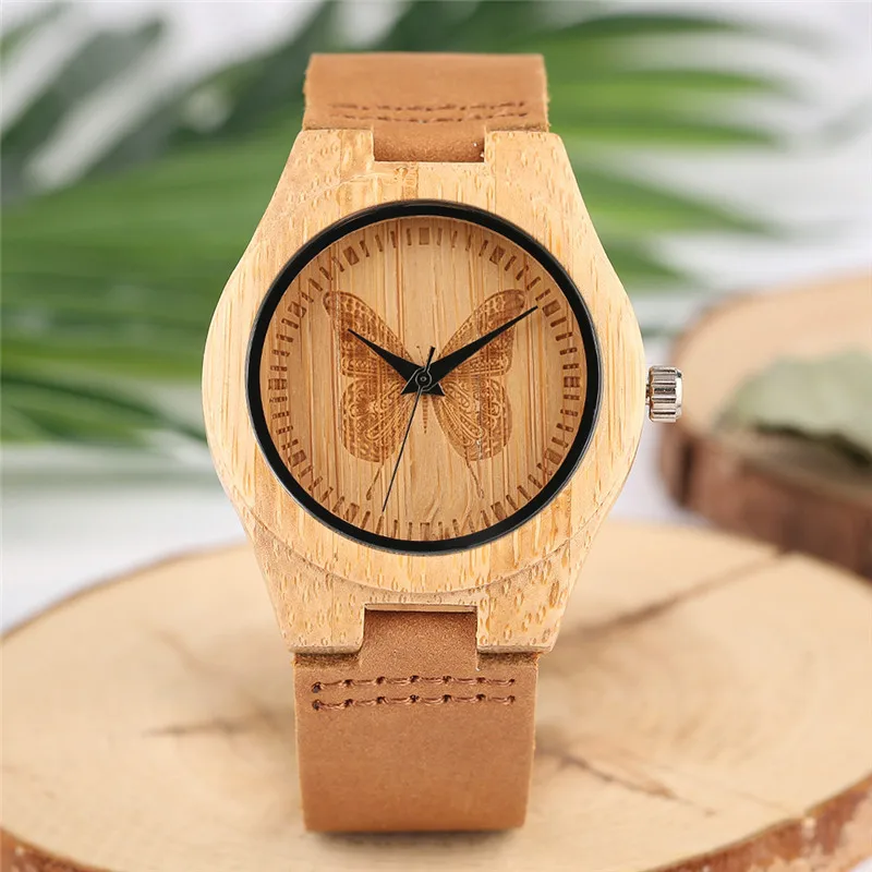 

Лучшие подарки, минималистичные светлые женские часы из бамбукового дерева 100%, резная ручная работа, циферблат-бабочка, наручные часы, мягк...