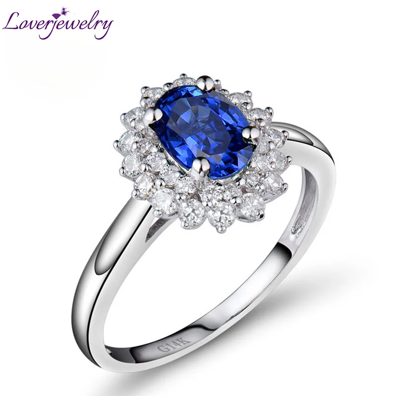 

LOVERJEWELRY Classics Jewelry Oval 5x7mm Blue Gemstone 14Kt Sapphire Ring Natural Diamonds Sapphire Rings 585 White Gold