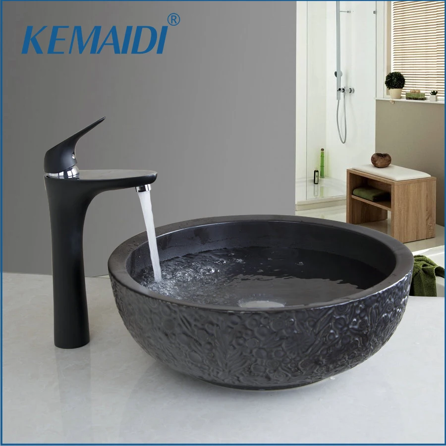 

KEMAIDI Bathroom Sink Washbasin Ceramics Black Basin Chrome Faucet 460597084 Lavatory Bath Combine Brass Vessel Tap Mixer Faucet
