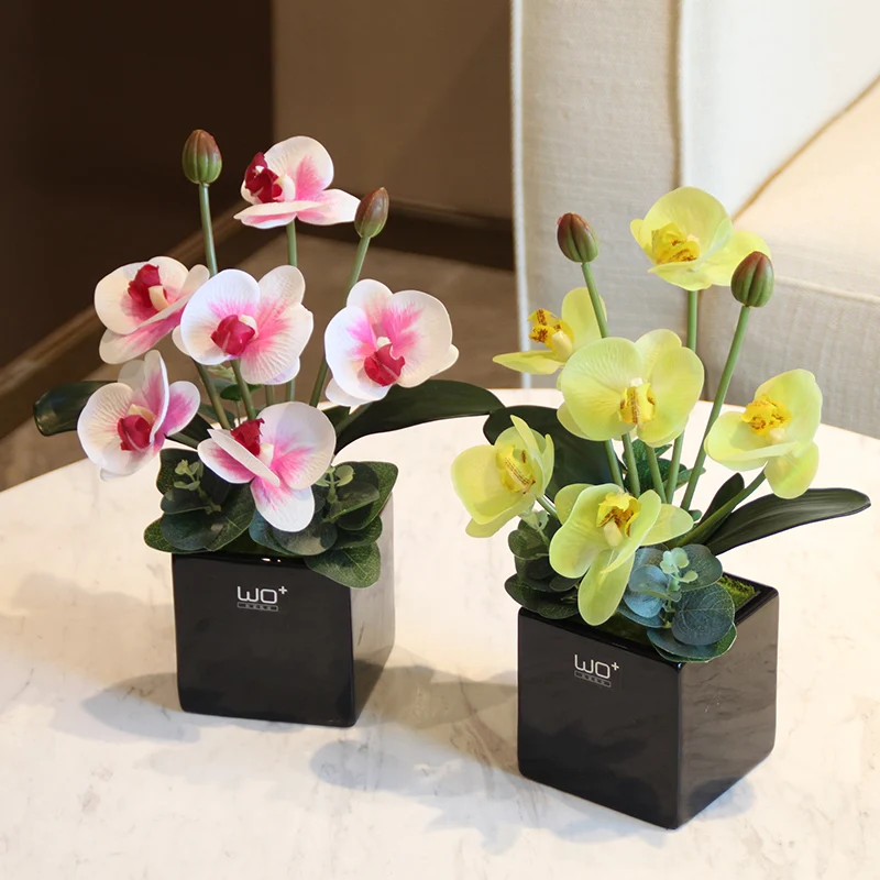 

High quality Artificial PU butterfly orchid bonsai potted plants home decor Ceramic vase flowers set wedding decoration