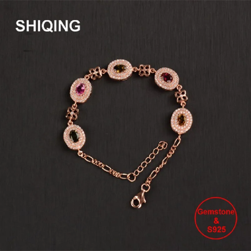SHIQING Nature tourmaline October birthstone bracelet, colorful 925 sterling silver classical bracelet gift for her
SHIQING Nature tourmaline October birthstone bracelet, colorful 925 sterling silver classical bracelet gift for her