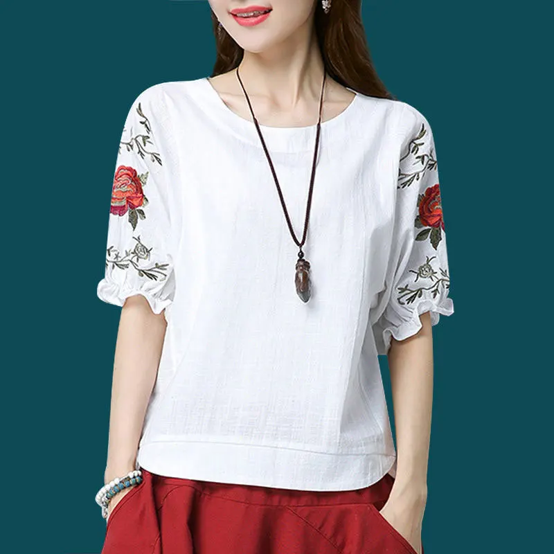 

Женская Винтажная футболка, из хлопка и льна, с цветочной вышивкой, с коротким рукавом, свободная, повседневная, лето размера плюс, D74