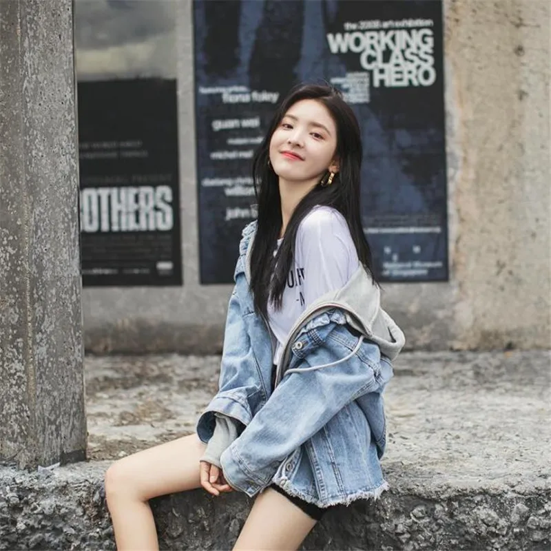 Womens Denim Jacket Hooded Oversized Blue Jeans Coat Women Loose Casual Hiphop Streetwear Patchwork Cotton Clothing D690 | Женская