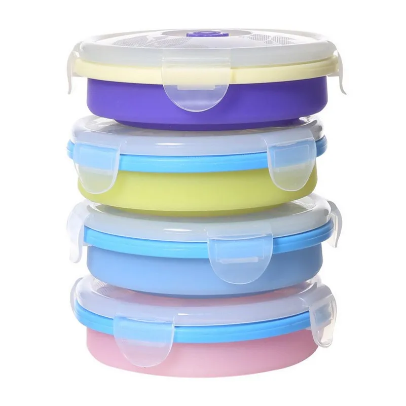 

Silicone Folding Microwave Bento Box Round Lunch Boxes Food Container 200ml Camping Students Kids Dinnerware A