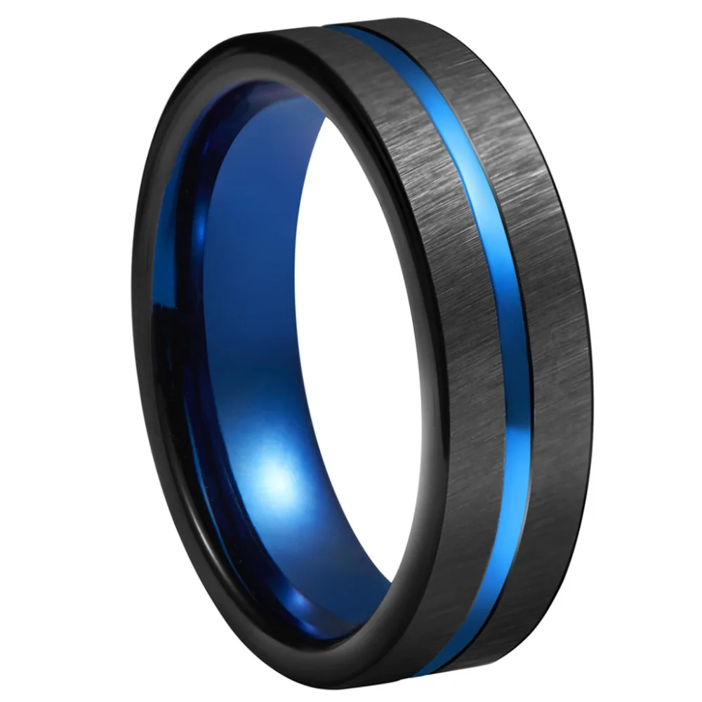 Синее вольфрамовое кольцо 6 мм черные матовые синие рифленые обручальные кольца