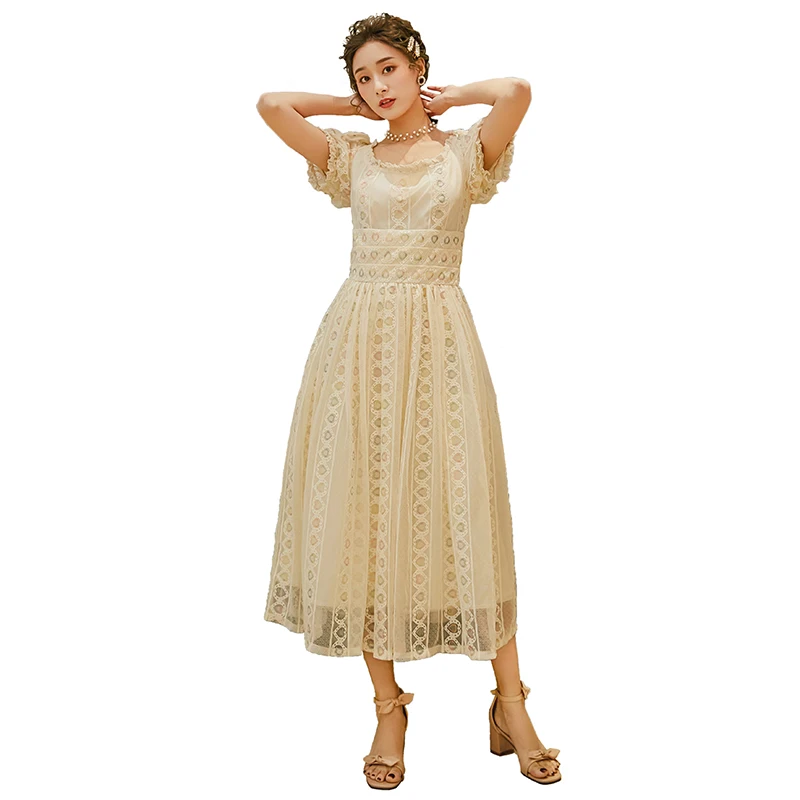 HAMALIEL Vintage Blue Lace Holiday Long Dress Summer Women Short Sleeve Hollow Out Elegant Patchwork Maxi Beach Vestidos | Женская