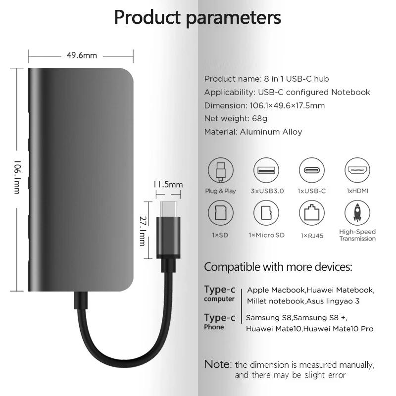 Uomio USB-C концентратор USB 3 0 RJ45 Тип C HDMI мульти-портовой коннектор Алюминий для Macbook Asus