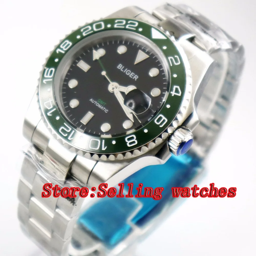 40mm Bliger black Dial ceramic bezel green GMT Luminous Hands Sapphire Glass Automatic Movement Men's Mechanical watches p088
40mm Bliger black Dial ceramic bezel green GMT Luminous Hands Sapphire Glass Automatic Movement Men's Mechanical watches p088