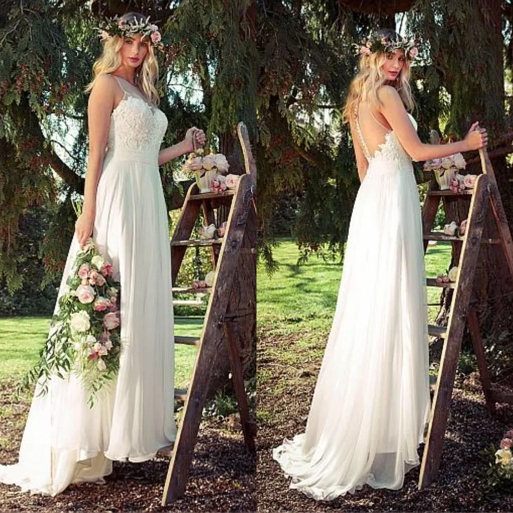 

Elegant Chiffon Jewel Neckline A-line Wedding Dresses with Lace Appliques Illusion Back Sexy Bridal Gowns Vestidos de novia