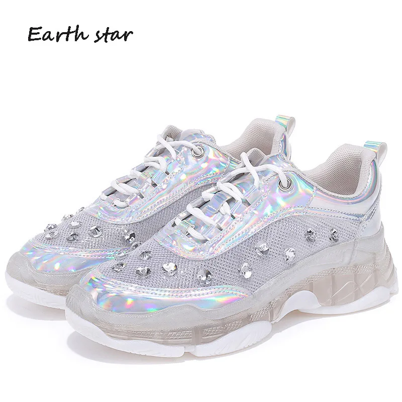 Блестящие женские кроссовки zapatos de mujer Белые блестящие chaussures femme Женские с