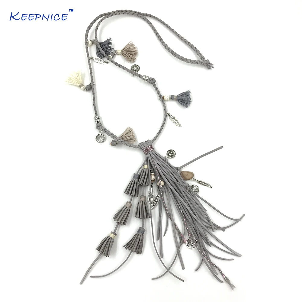 

New Fahion Bohemia Maxi Jewelry Leather Tassel Pendents Unique Boho Long Necklaces Leather Woven Chain Necklace For Women