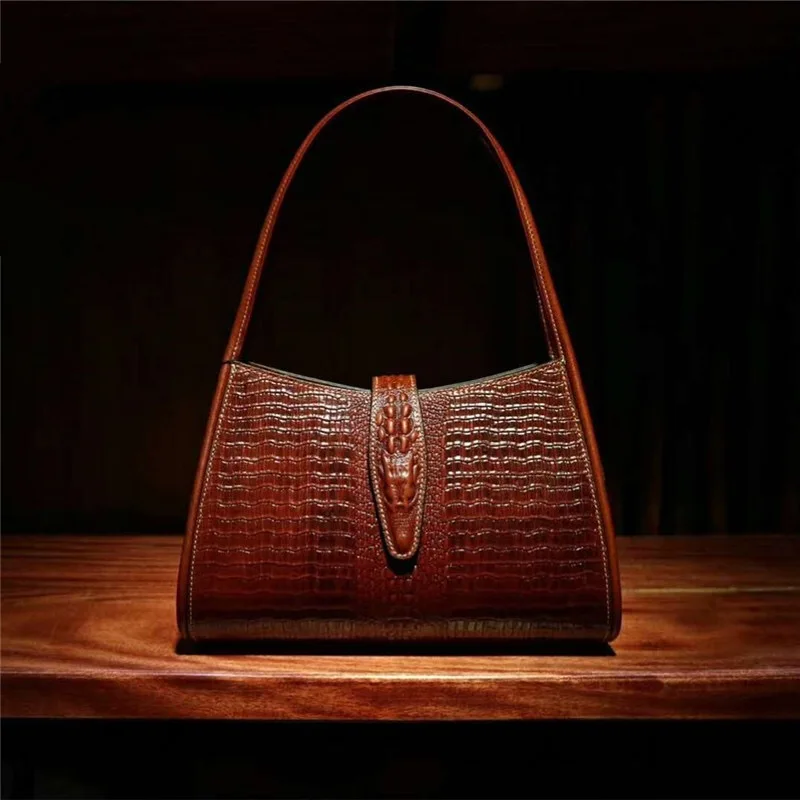 

Embossed Crocodile Lines Lady Medium Purse Genuine Cow Leather Female Top-handle Handbag Alligator Pattern Women's Portable Bag