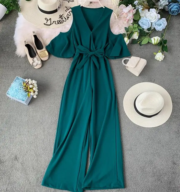 Women's spring summer sexy off shoulder flare sleeve jumpsuit female high waist bow belt wide leg pants overall TB1282
Women's spring summer sexy off shoulder flare sleeve jumpsuit female high waist bow belt wide leg pants overall TB1282