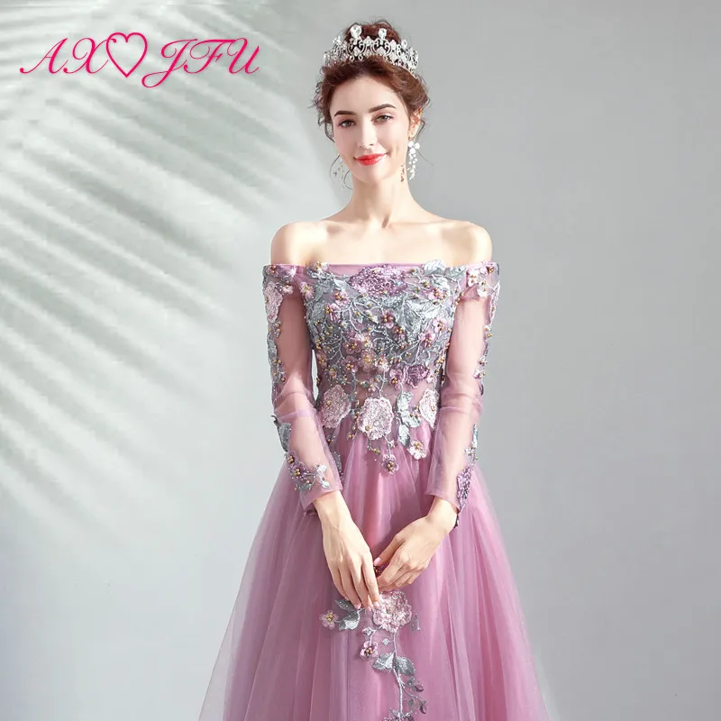 AXJFU luxury princess pink lace flower evening dress party vintage illusion boat neck beading crystal long evening dress 8006
AXJFU luxury princess pink lace flower evening dress party vintage illusion boat neck beading crystal long evening dress 8006