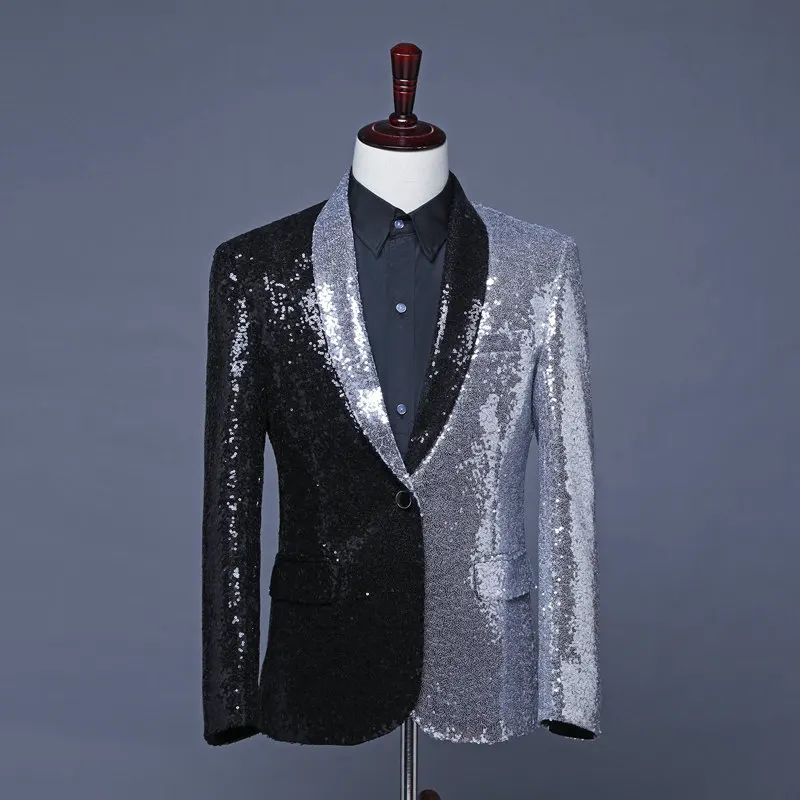 Уникальные мужские блейзеры получерная и серебристая блестящая куртка костюм
