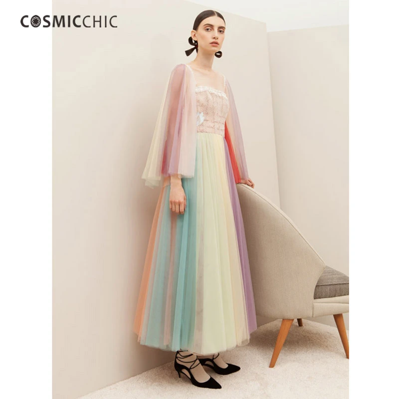 Женское платье макси Cosmicchic с вышивкой из тюля длинным рукавом цветное кружевное