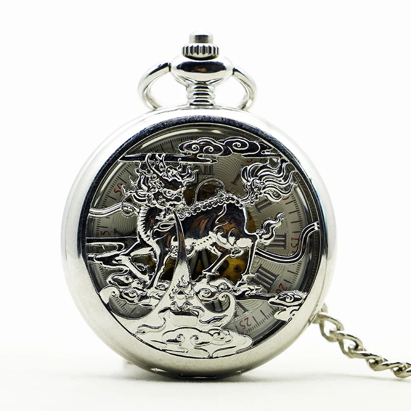 

Retro Silver Skeleton Steampunk Hand-wind Mechanical Pocket Watch with Chain For Men Women relojes de bolsillo