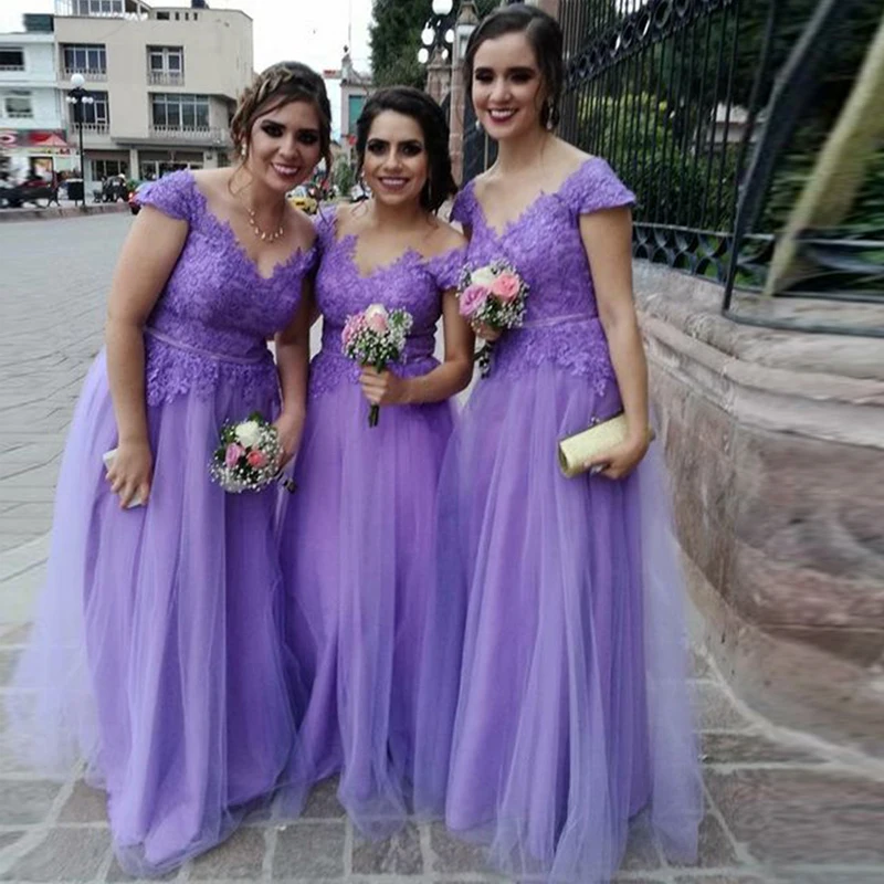 Длинное фиолетовое платье подружки невесты ТРАПЕЦИЕВИДНОЕ ПЛАТЬЕ с круглым