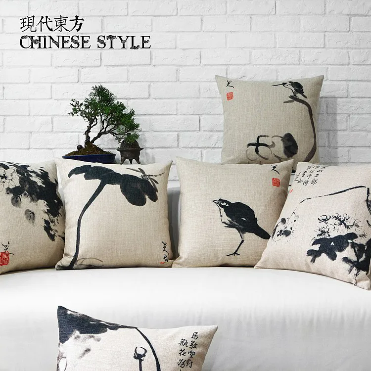 

Oriental Ink Painting Cushion Cover Linen Chinese Art Decorative Throw Pillow Case Lotus Bird Modern Retro Sofa Decor Zhu Da 18"