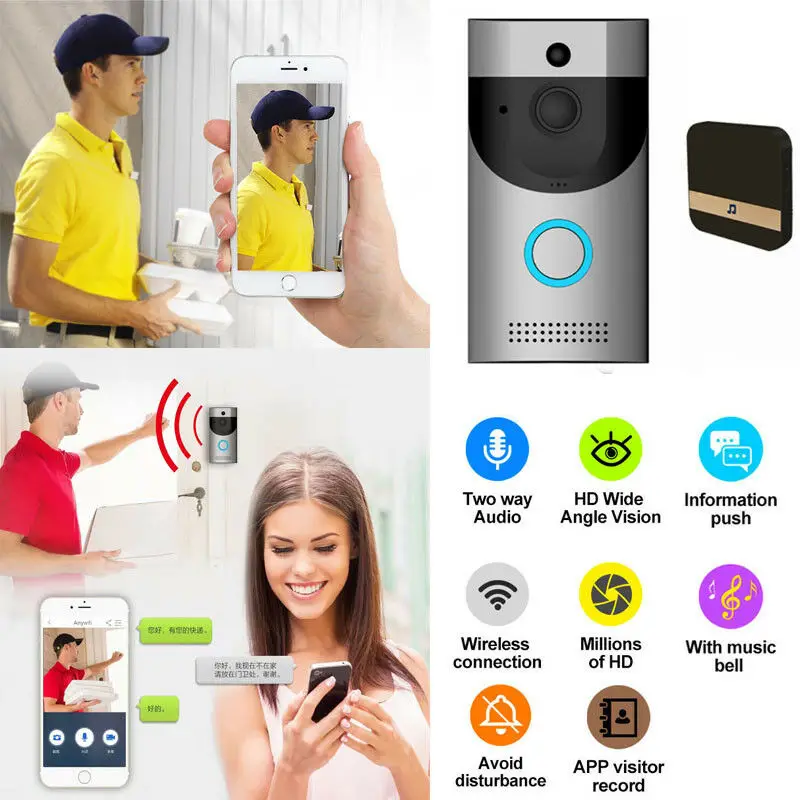 Wireless WiFi DoorBell Smart Video Phone Visual Intercom Two-Way Talk Door Secure HD Audio Camera Bell Home Apartment Security
Wireless WiFi DoorBell Smart Video Phone Visual Intercom Two-Way Talk Door Secure HD Audio Camera Bell Home Apartment Security