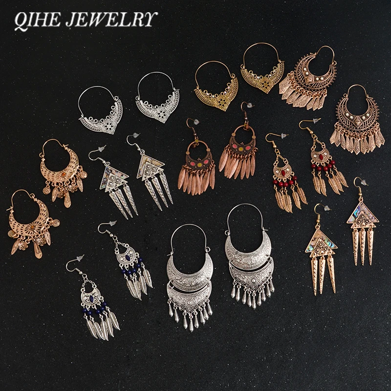 

QIHE JEWELRY Ancient Gold Silver Color Tibetan Filigree Earring Boho jewelry Gypsy earrings collection Earrings for women