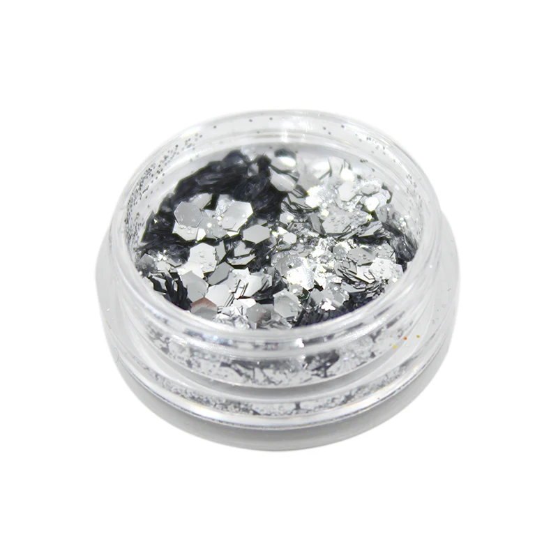 12pcs Silver color mix zise Hexagon Glitter Dust Sequin Set French Acrylic UV Gel Polish Tips Powder Sparkly Shiny 3D Nail Art | Красота и