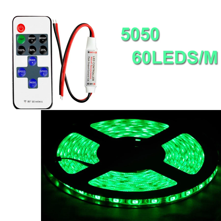 5M/Roll Green 5050 Flexible LED Strip Light 300 LEDs Non-WaterProof With MINI 10Key RF Dimmable Remote
5M/Roll Green 5050 Flexible LED Strip Light 300 LEDs Non-WaterProof With MINI 10Key RF Dimmable Remote