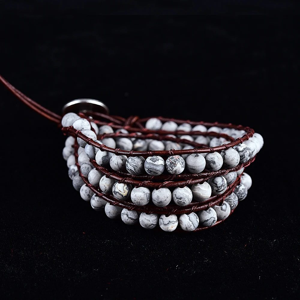 Asingeloo Matte Natural Grey Map Stone Beads Leather Bohemia 3 Wraps Bracelets Handmade Vintage Jewelry Bracelet for Women
Asingeloo Matte Natural Grey Map Stone Beads Leather Bohemia 3 Wraps Bracelets Handmade Vintage Jewelry Bracelet for Women