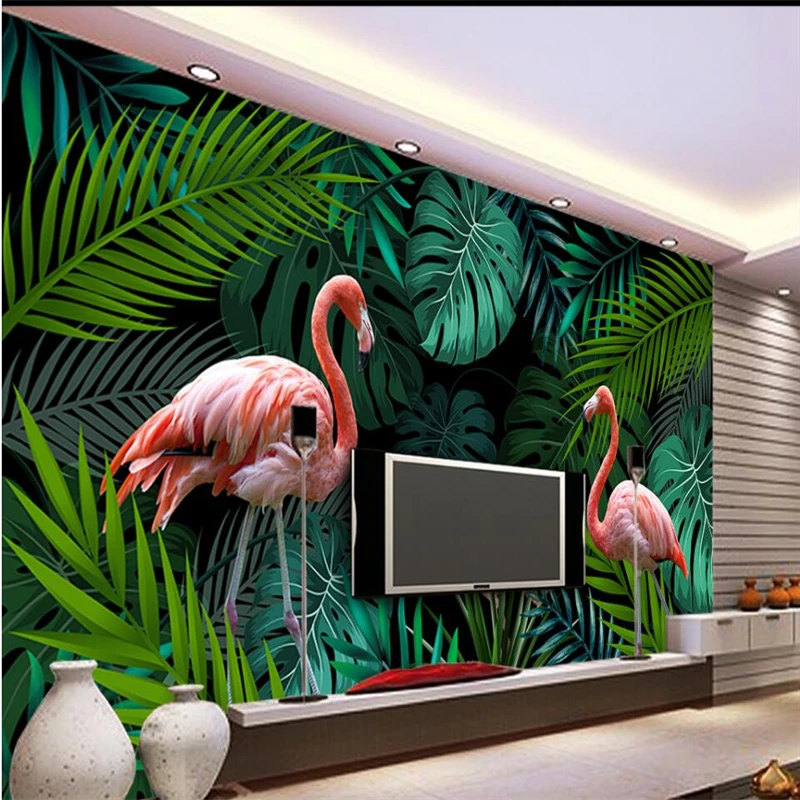 

beibehang Hand drawn tropical rainforest flamingo background wall custom large mural green wallpaper papel de parede para quarto