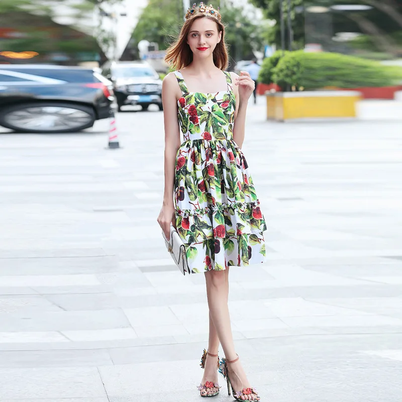 

Runway Designer Plus Size Summer New Fashion Printing Camisole Ruffled Self-cultivation Thin Dress Grow Up Pendulum High Quality